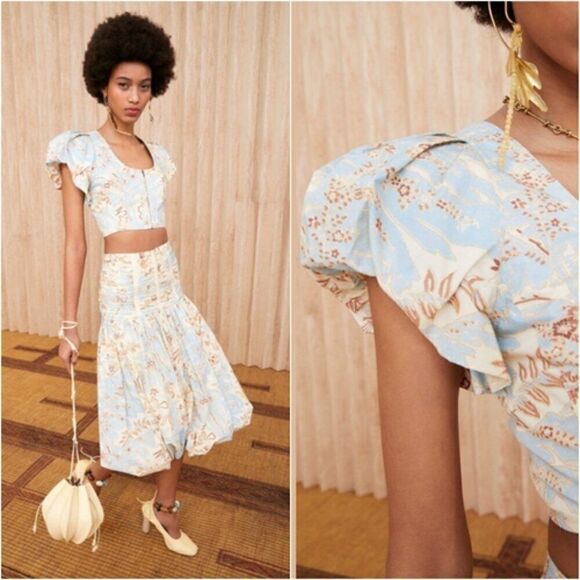 ULLA JOHNSON Kalena Floral Poplin Crop Top Puff Sleeve Front Zip Gardenia Sz 10 - Picture 1 of 15